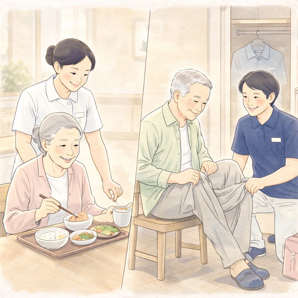 病棟内での食事支援と着替え支援の様子。普段の暮らしに近い環境で自立支援を進める一人ひとりに寄り添ったケア