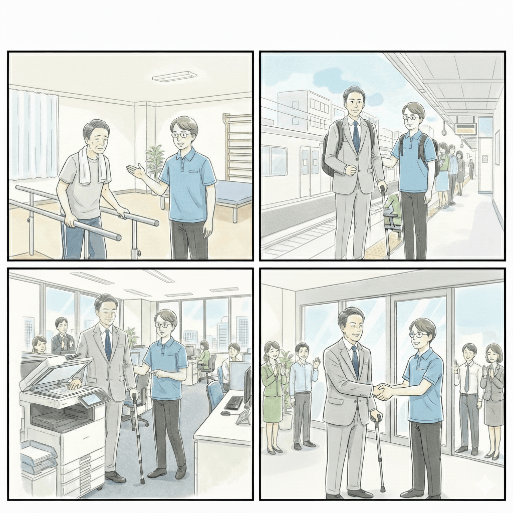 基本動作練習の様子:寝返り、起き上がり、立ち上がり、立位保持の練習