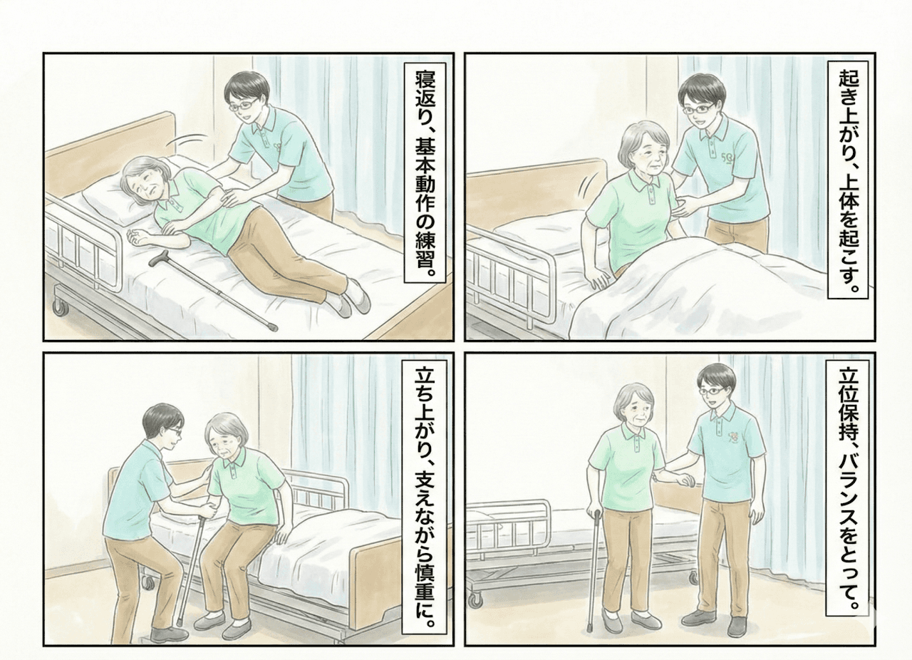 基本動作練習の様子:寝返り、起き上がり、立ち上がり、立位保持の練習