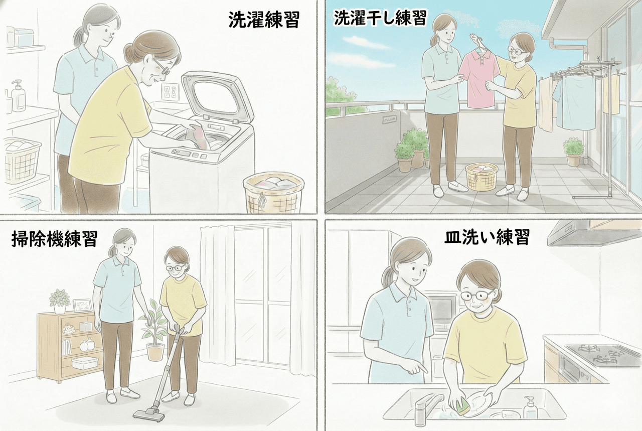 家事動作練習の様子:洗濯、洗濯干し、掃除機、皿洗いの練習
