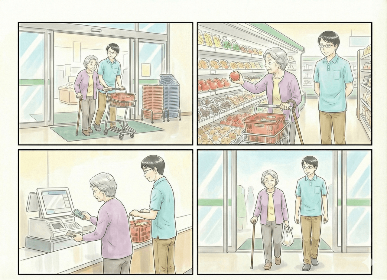 買い物練習の様子:スーパーへの入店、商品選択、レジでの支払い、退店の練習