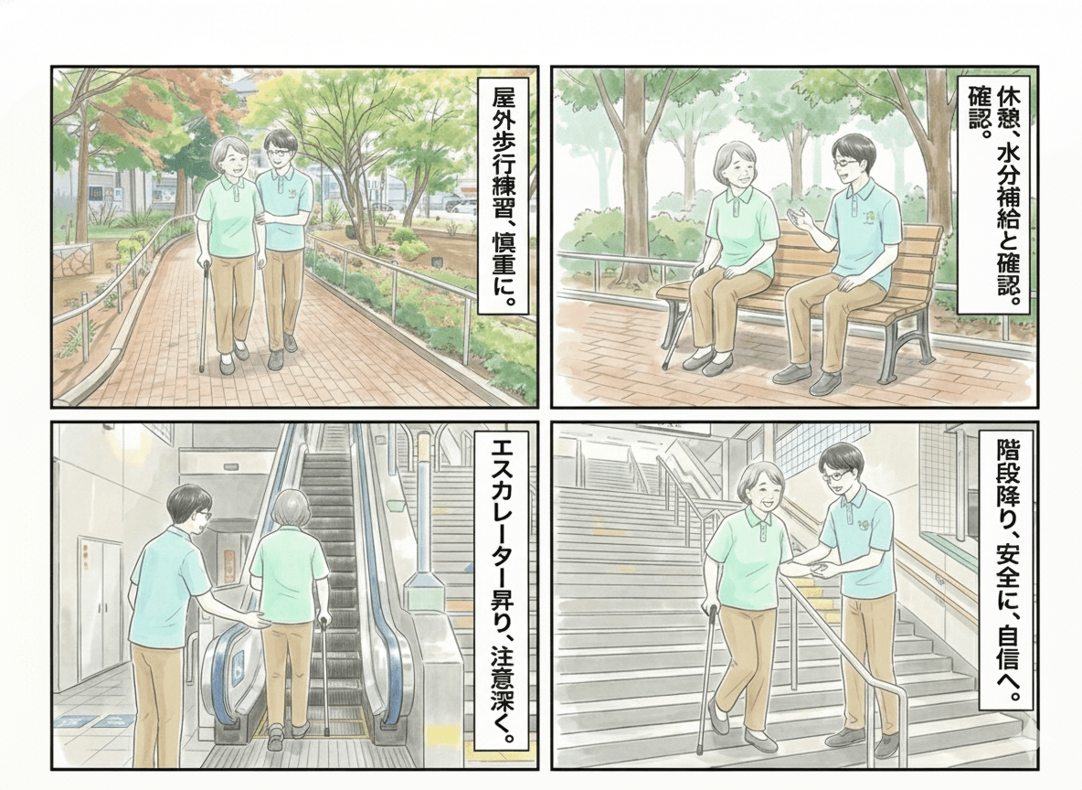 屋外歩行練習の様子:屋外歩行、休憩と水分補給、エスカレーター昇り、階段降りの練習