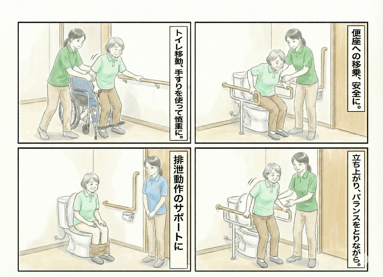 トイレ練習の様子:トイレ移動、便座への移乗、排泄動作のサポート、立ち上がり