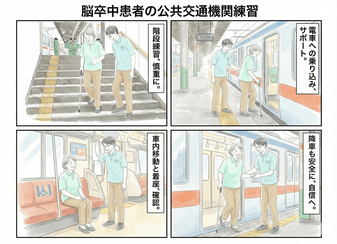 公共交通機関練習の様子:階段練習、電車への乗り込み、車内移動と着座、降車の練習