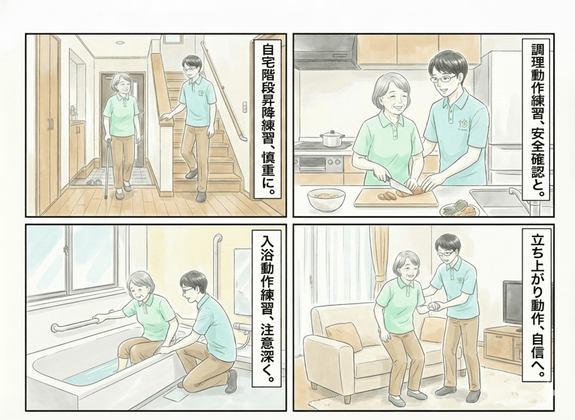 自宅訪問練習の様子:階段昇降、調理動作、入浴動作、立ち上がり動作の練習