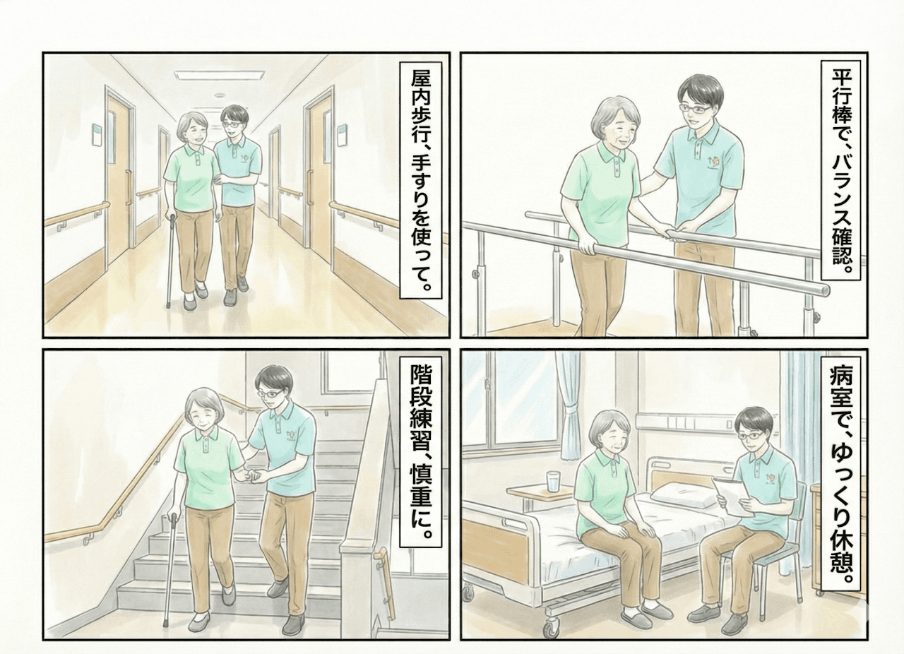 歩行練習の様子:屋内歩行、平行棒でのバランス確認、階段練習、休憩