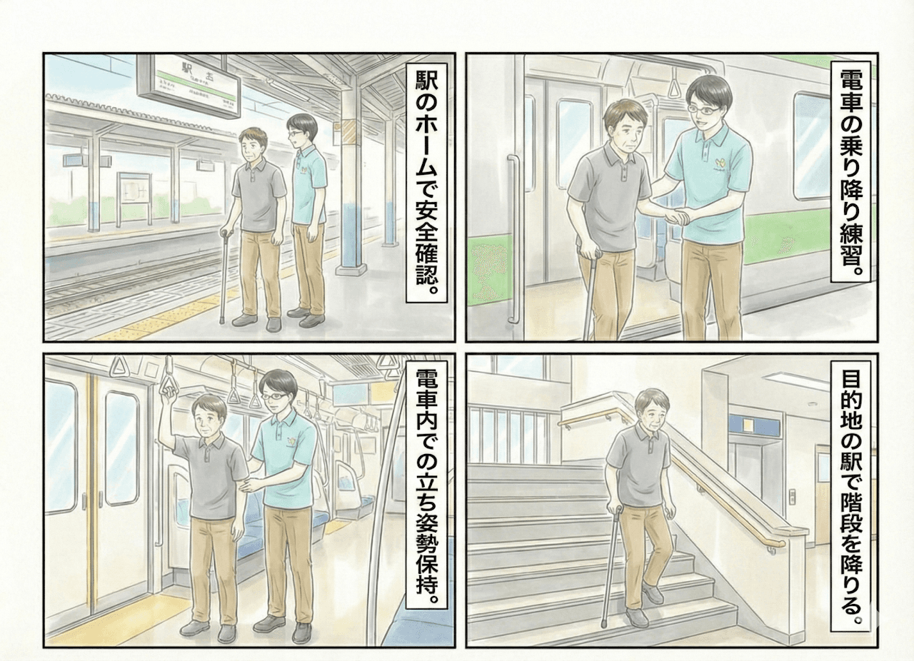 通勤練習の様子:駅のホームでの安全確認、電車の乗り降り、車内での立ち姿勢保持、目的地の駅での階段降下